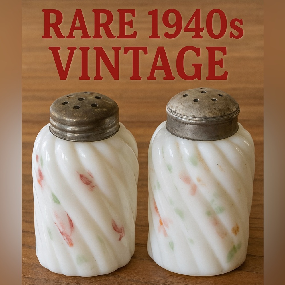 ‼️RARE Vintage Milk Glass Salt Pepper Shakers Swirl Ribbed Floral 1940s Kitchen